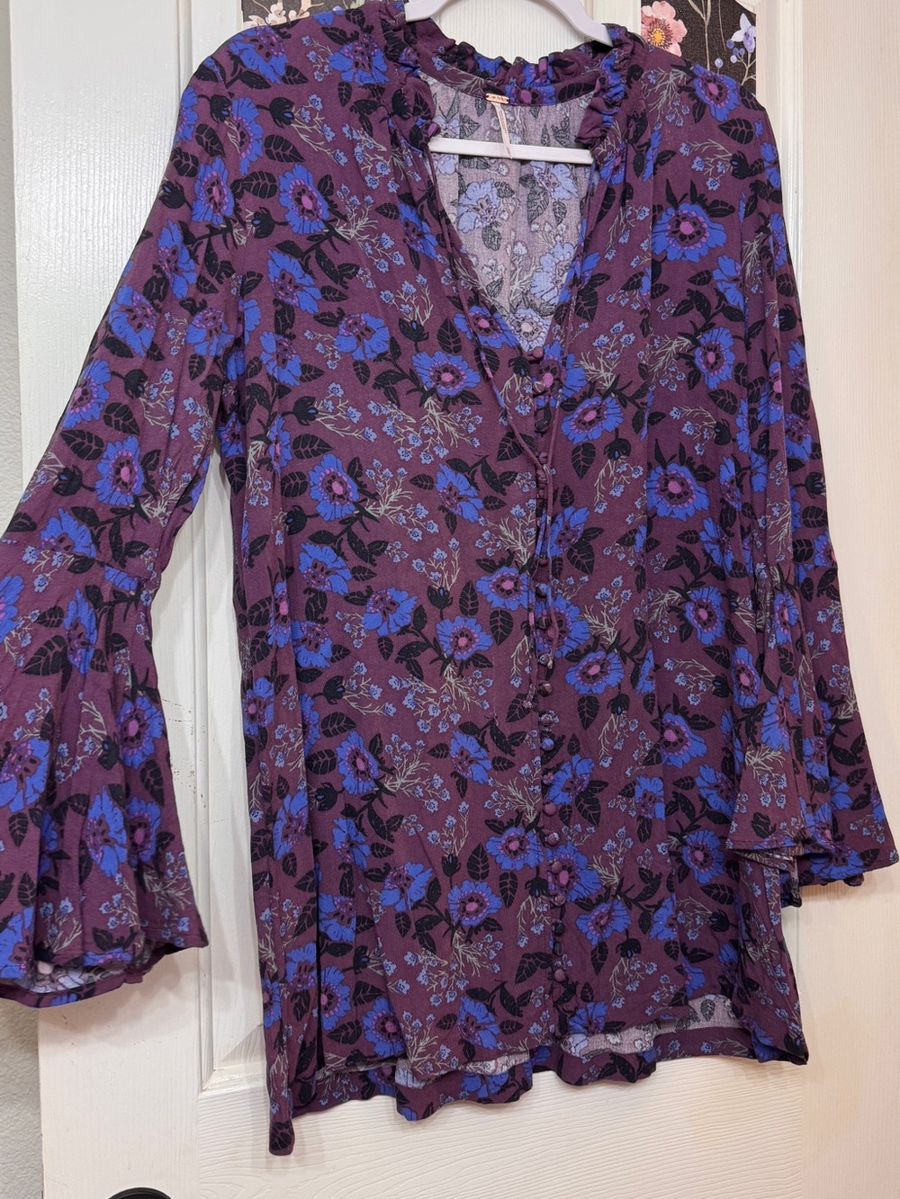 Free People Purple Floral Bell Sleeve Tunic Top